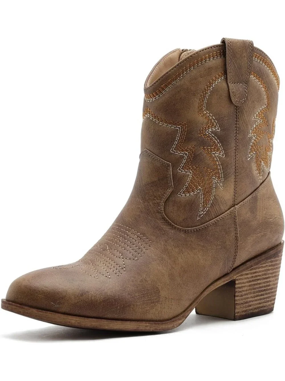 Women's Camel Pointed Toe Cowgirl Faux Leather Side Zipper Ankle Booties